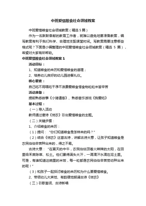 中班爱惜粮食社会领域教案（精选5篇）