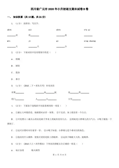 四川省广元市2020年小升初语文期末试卷B卷