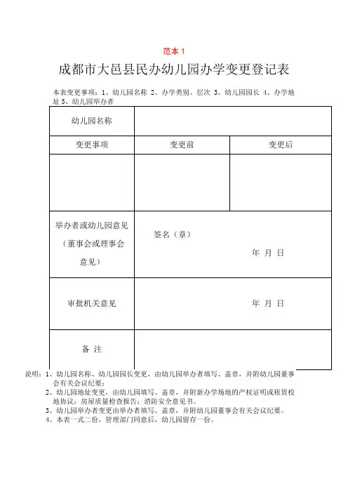 成都市大邑县民办幼儿园办学变更登记表.doc