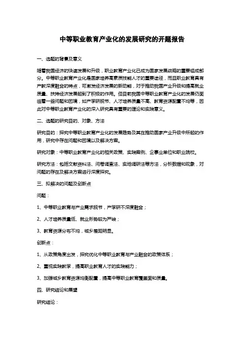 中等职业教育产业化的发展研究的开题报告