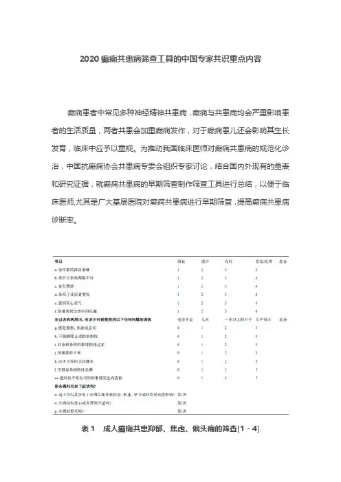 2020癫痫共患病筛查工具的中国专家共识重点内容