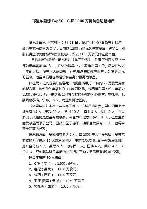 球星年薪榜Top50：C罗1200万榜首鲁尼超梅西