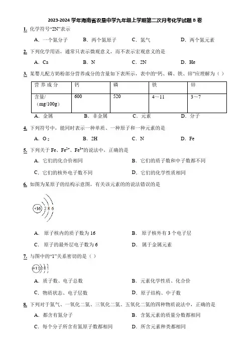 2023-2024学年海南省农垦中学九年级上学期第二次月考化学试题B卷