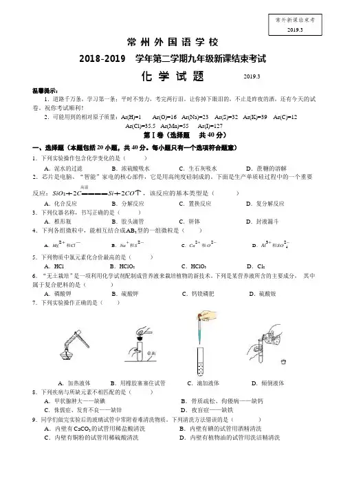 江苏省常州外国语学校2018-2019年第二学期新课结束考试化学试题(word版无答案)