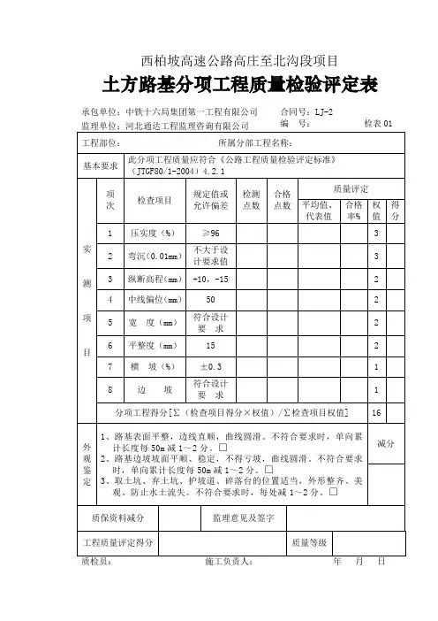 001-土方路基分项工程质量检验评定表