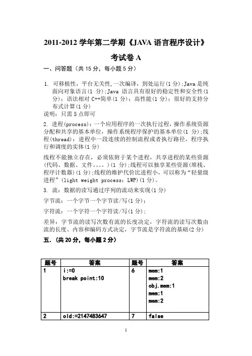 2012《Java语言程序设计》答案_A卷