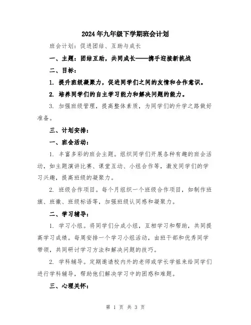 2024年九年级下学期班会计划