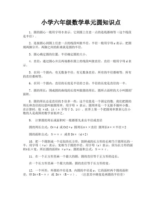 小学六年级数学单元圆知识点