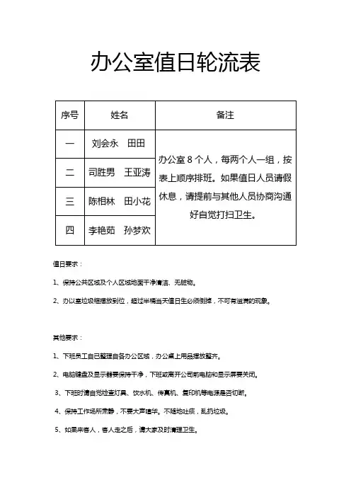 办公室值日轮流表