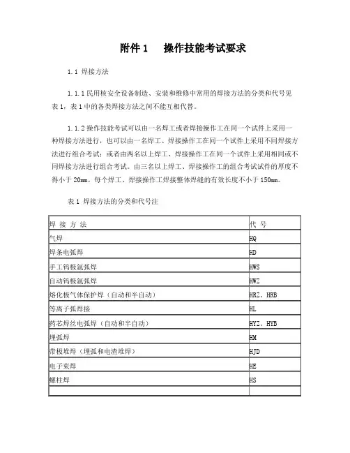 HAF603《民用核安全设备焊工焊接操作工资格管理规定》附件1操作技能考试要求
