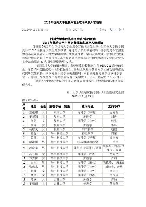 2012年优秀大学生夏令营录取名单及入营须知