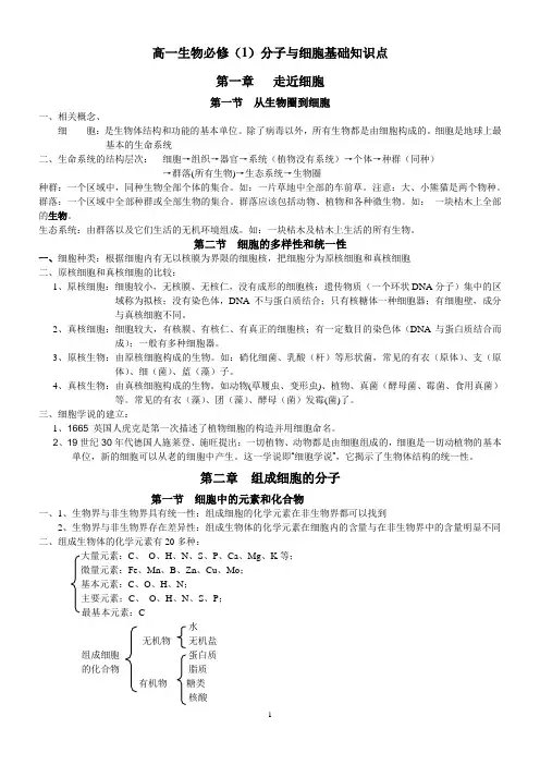 高一生物必修(1)分子与细胞基础知识点