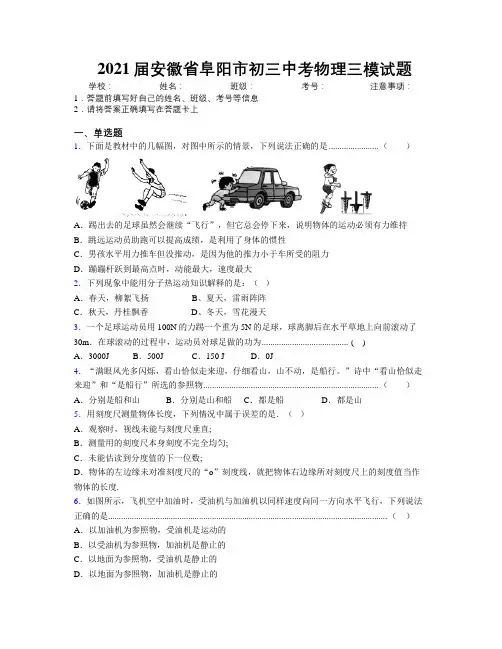 最新2021届安徽省阜阳市初三中考物理三模试题及解析