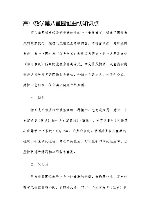 高中数学第八章圆锥曲线知识点
