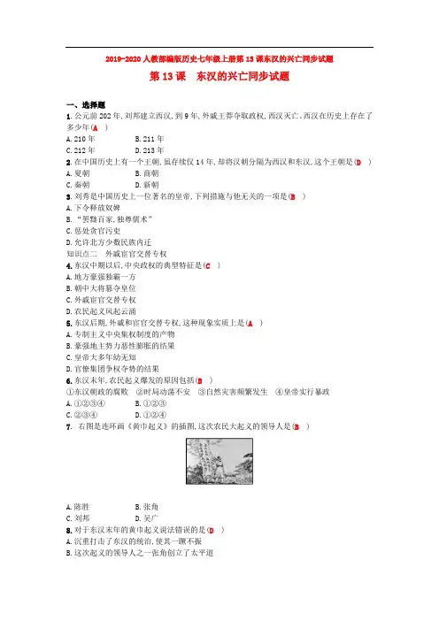 2019-2020人教部编版历史七年级上册第13课东汉的兴亡同步试题