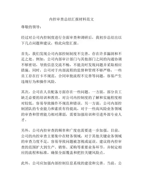 内控审查总结汇报材料范文