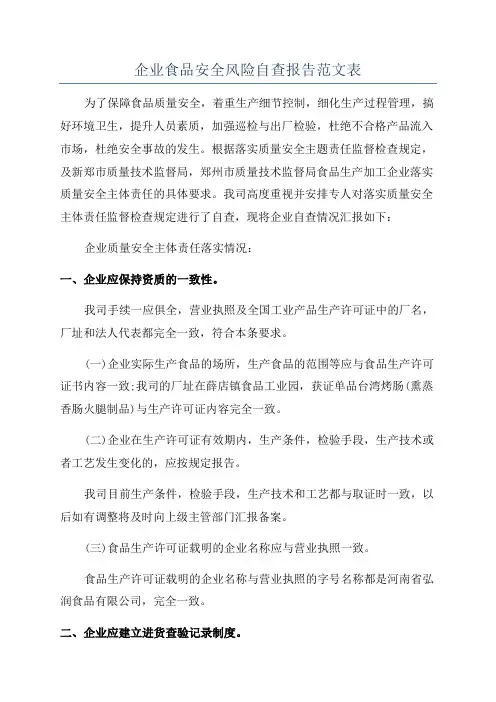 企业食品安全风险自查报告范文表