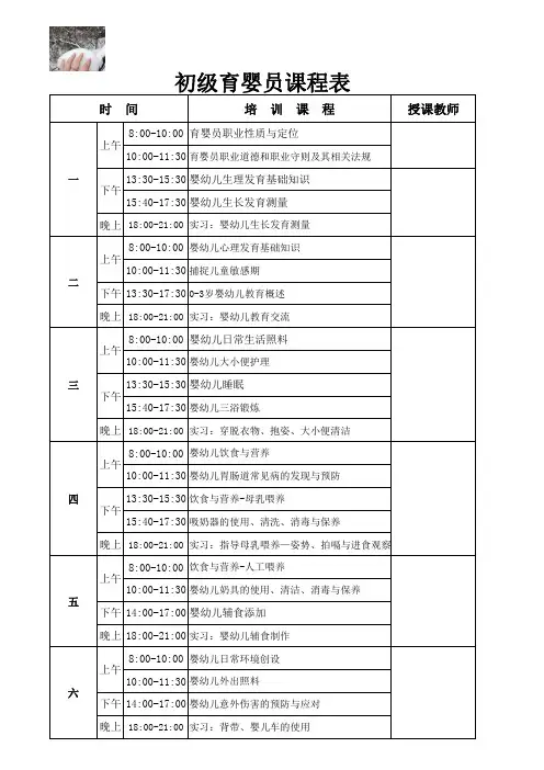 育婴员培训—初级育婴员课程表