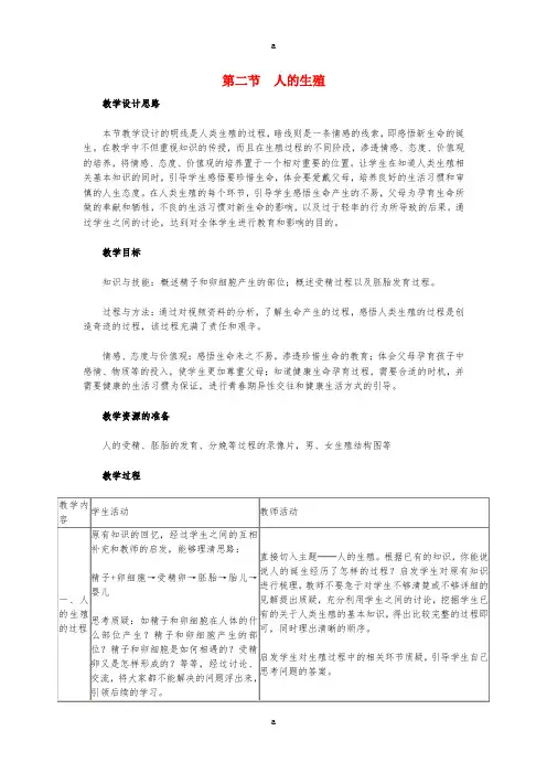 七年级生物下册 1_2 人的生殖教案 (新版)新人教版