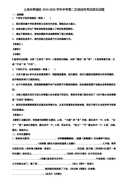 上海市黄浦区2019-2020学年中考第二次适应性考试语文试题含解析