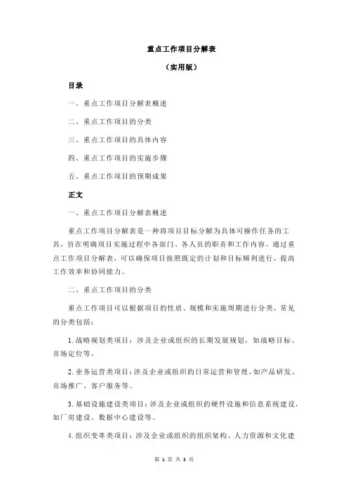 重点工作项目分解表