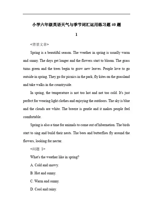小学六年级英语天气与季节词汇运用练习题40题
