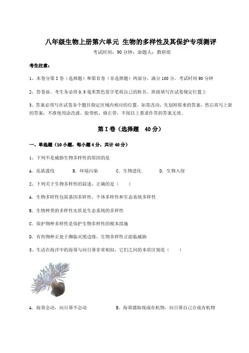 人教版八年级生物上册第六单元 生物的多样性及其保护专项测评试题(含答案及详细解析)