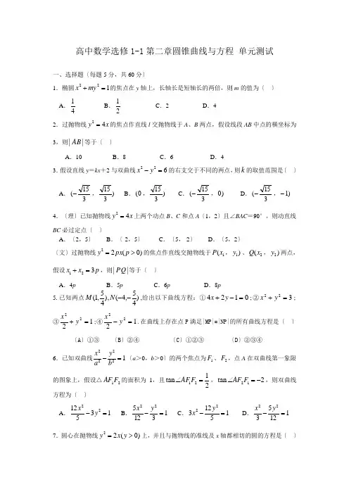 高中数学选修1-1第二章圆锥曲线与方程-单元测试-及答案