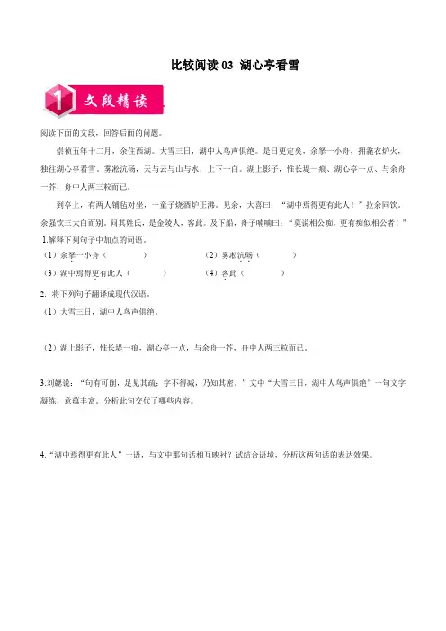 比较阅读03  湖心亭看雪-九年级语文上册课内外文言文比较阅读(原卷版)