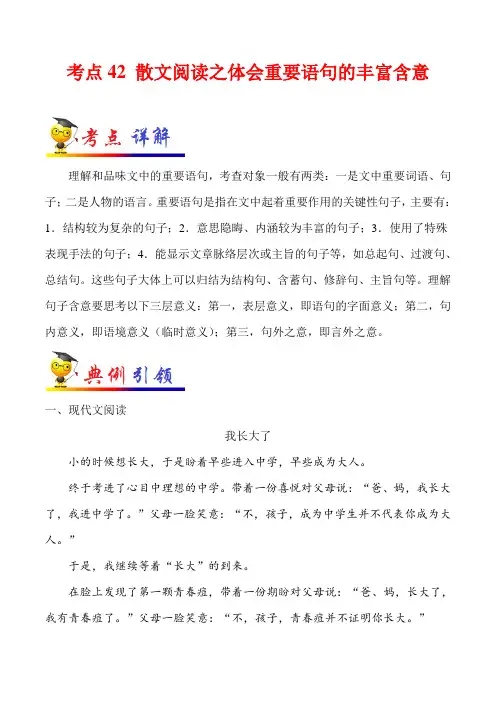 2022届中考语文总复习考点一遍过含解析答案：考点42 散文阅读之体会重要语句的丰富含意