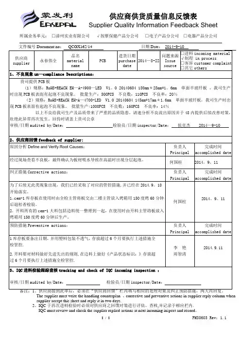供应商供货质量信息反馈表