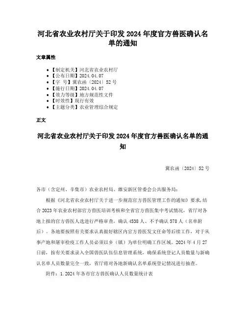 河北省农业农村厅关于印发2024年度官方兽医确认名单的通知