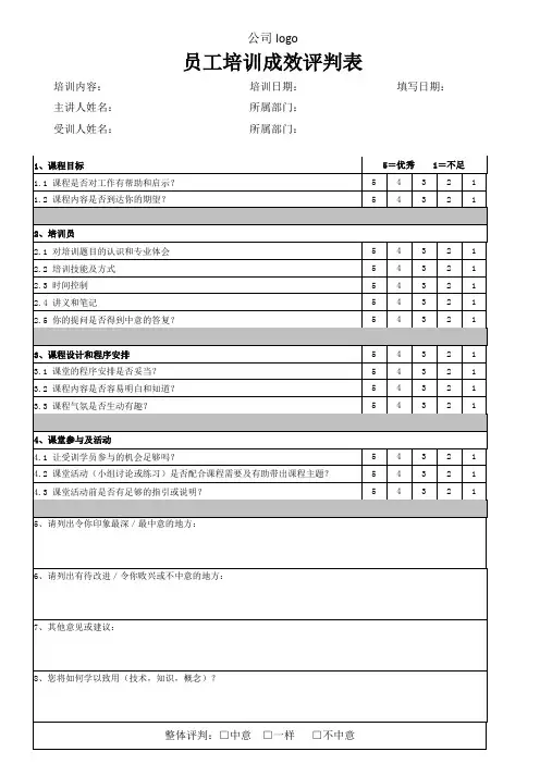 员工培训效果评价表