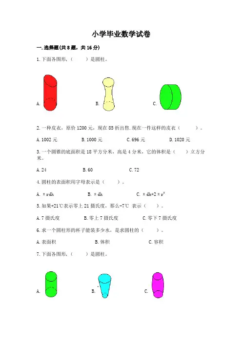 小学毕业数学试卷a4版可打印