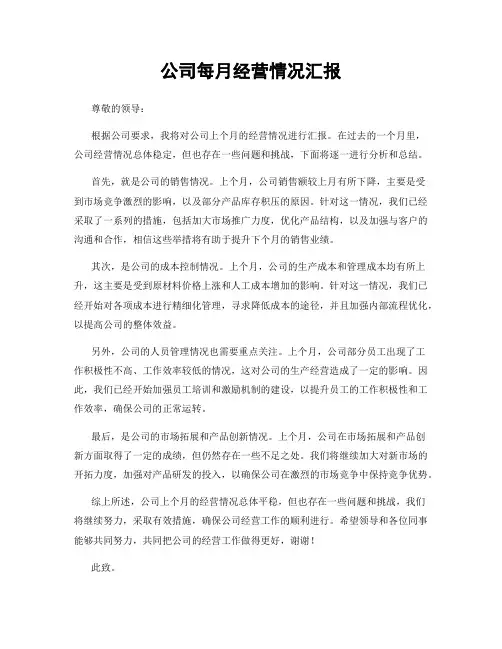 公司每月经营情况汇报