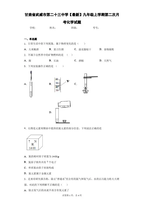 甘肃省武威市第二十三中学2020-2021学年九年级上学期第二次月考化学试题