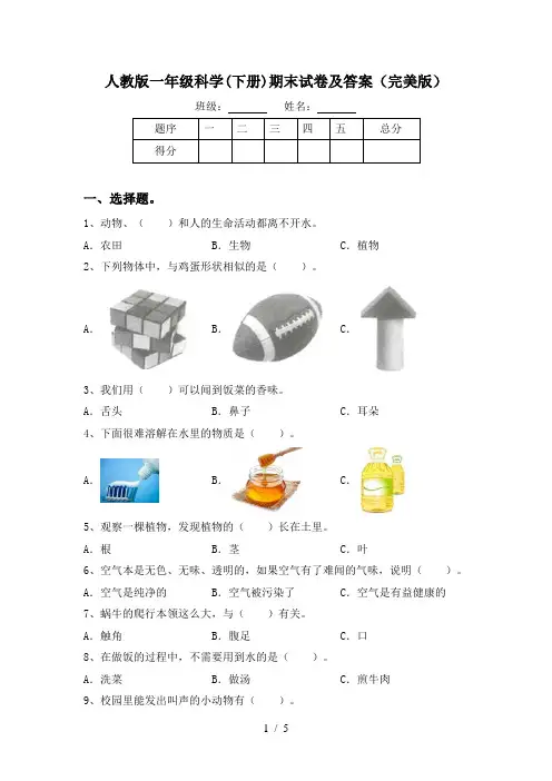 人教版一年级科学(下册)期末试卷及答案(完美版)