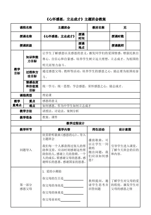 《心怀感恩 立志成才》主题班会教案