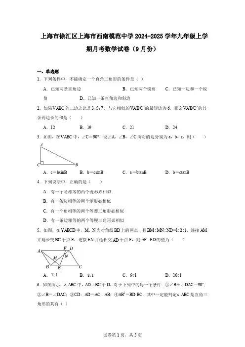 上海市徐汇区上海市西南模范中学2024-2025学年九年级上学期月考数学试卷(9月份)