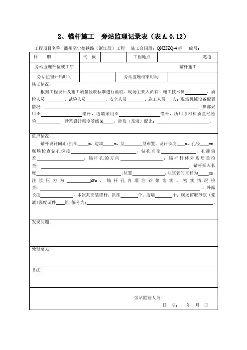 锚杆施工旁站监理记录表