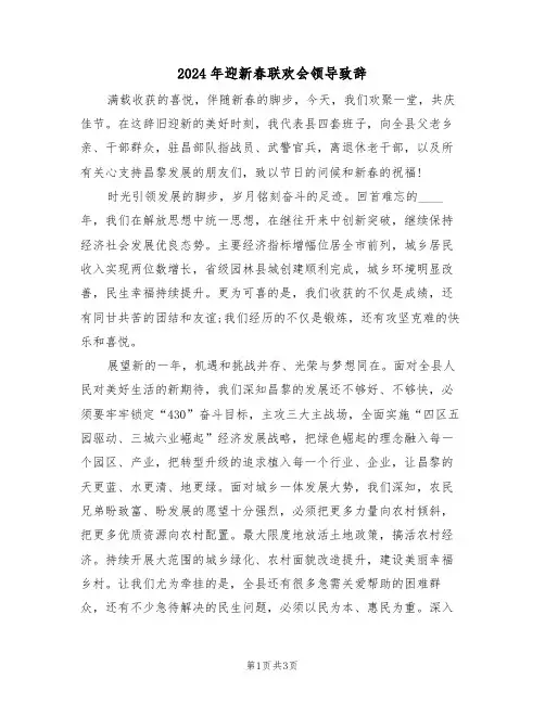 2024年迎新春联欢会领导致辞(二篇)