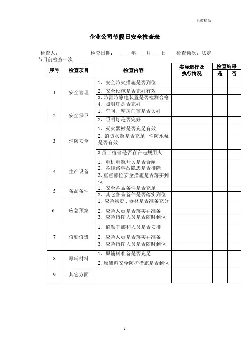 企业公司节假日安全检查表