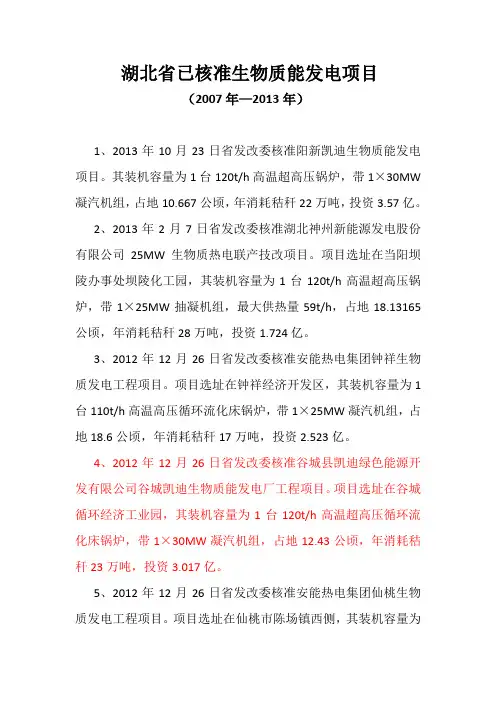 湖北省已核准生物质能发电项目