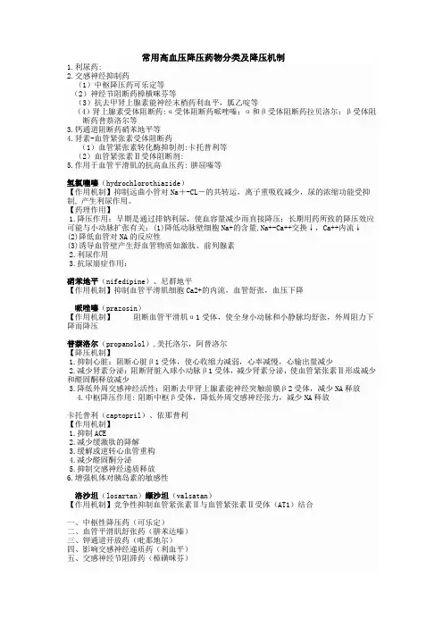 常用高血压降压药物分类及降压机制