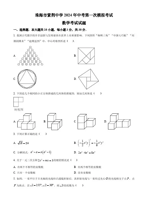 2024年广东省珠海市紫荆中学中考一模数学试题(原卷版)