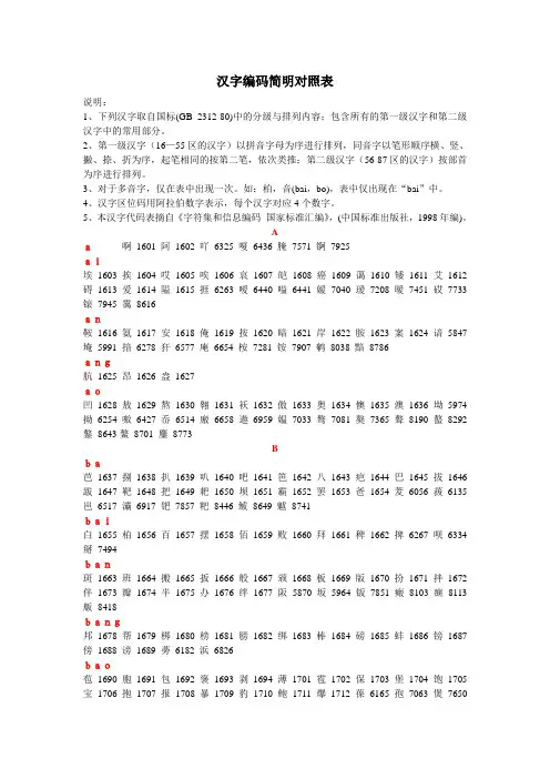 汉字编码简明对照表