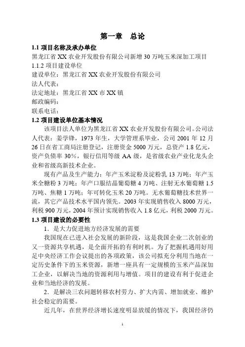 30万吨玉米深加工项目可行性研究报告