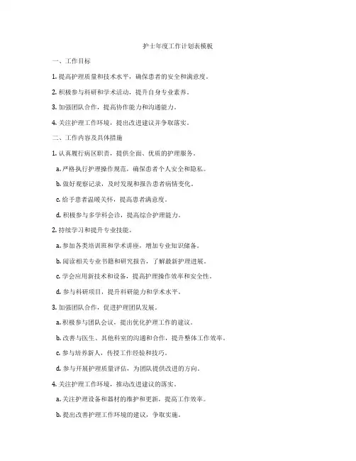 护士年度工作计划表模板