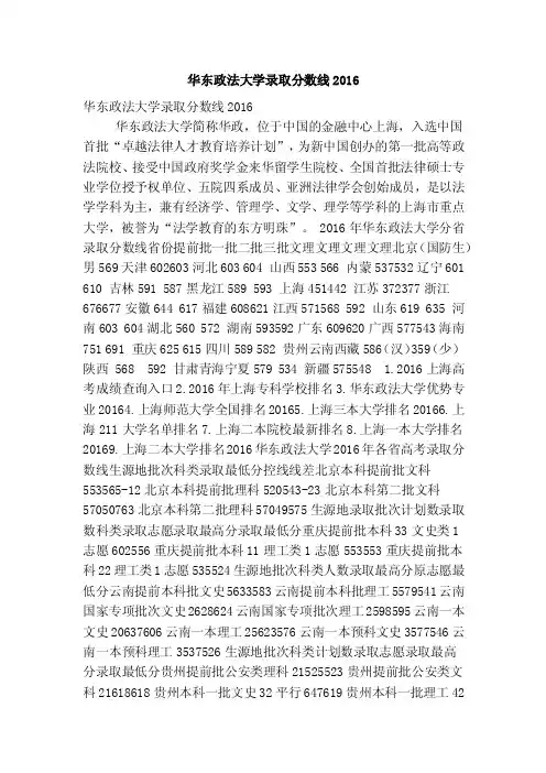 华东政法大学录取分数线2016（精简版）