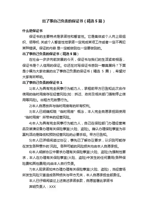 出了事自己负责的保证书（精选5篇）